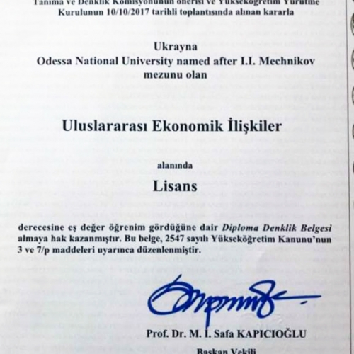 Odessa I. I. Mechnikov Ulusal Üniversitesi Denklik Belgesi Örneği